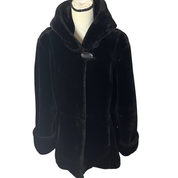 dennis basso Jackets & Blazers - Dennis by Dennis Basso Black Faux Fur Coat with Attached Hood Sz M